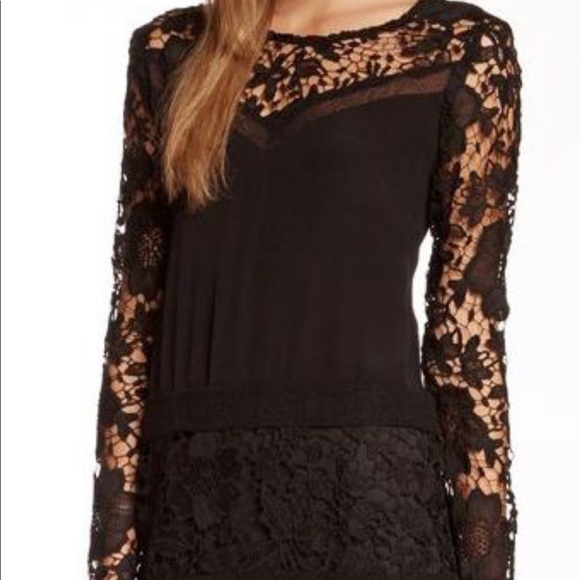 ASTR Silk Long Sleeve Lace Shift Black Mini Dress XS - Picture 2 of 6